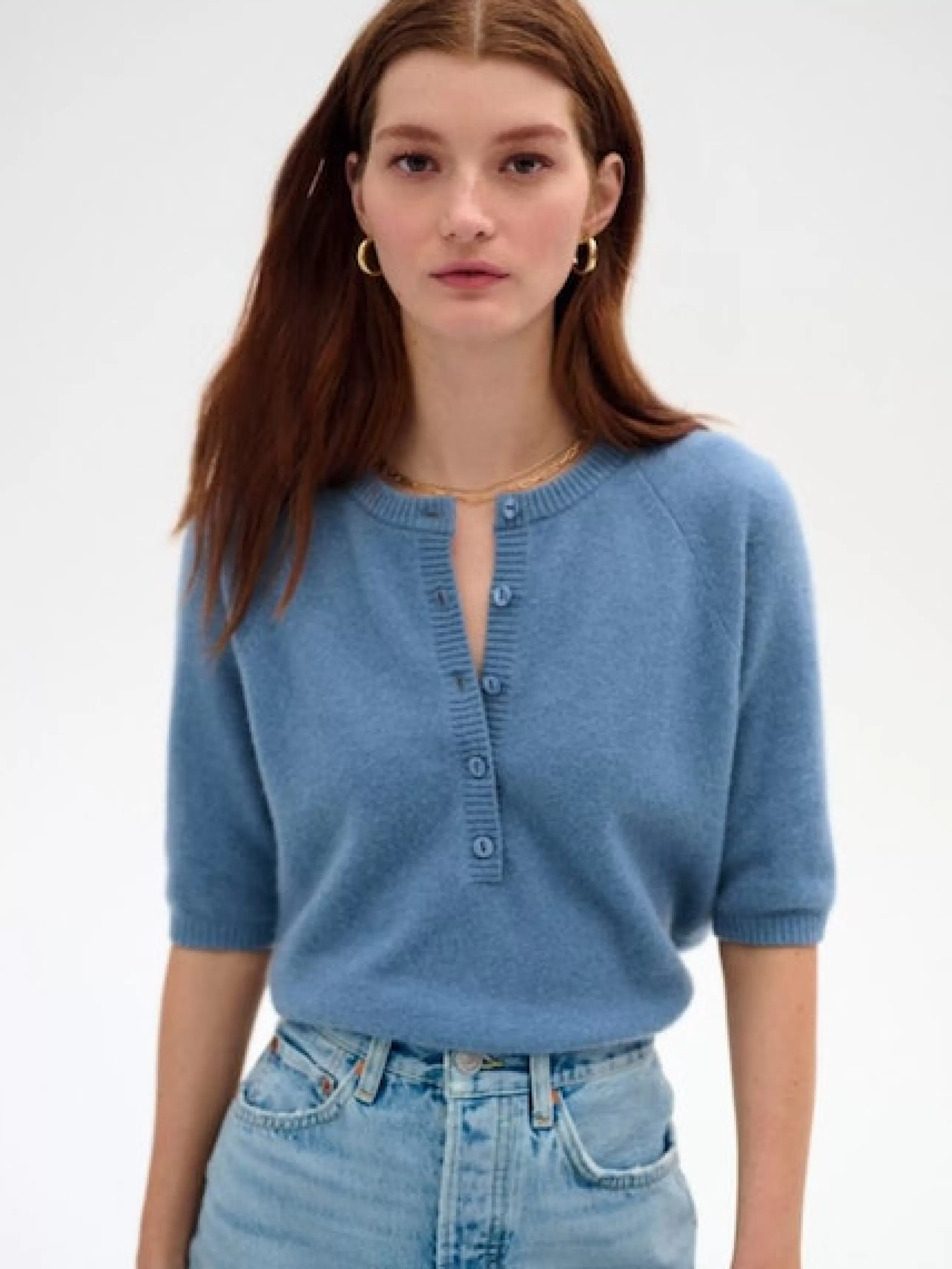 WHITE AND WARREN Tops^Cashmere Henley Sweater In Blue Thistle