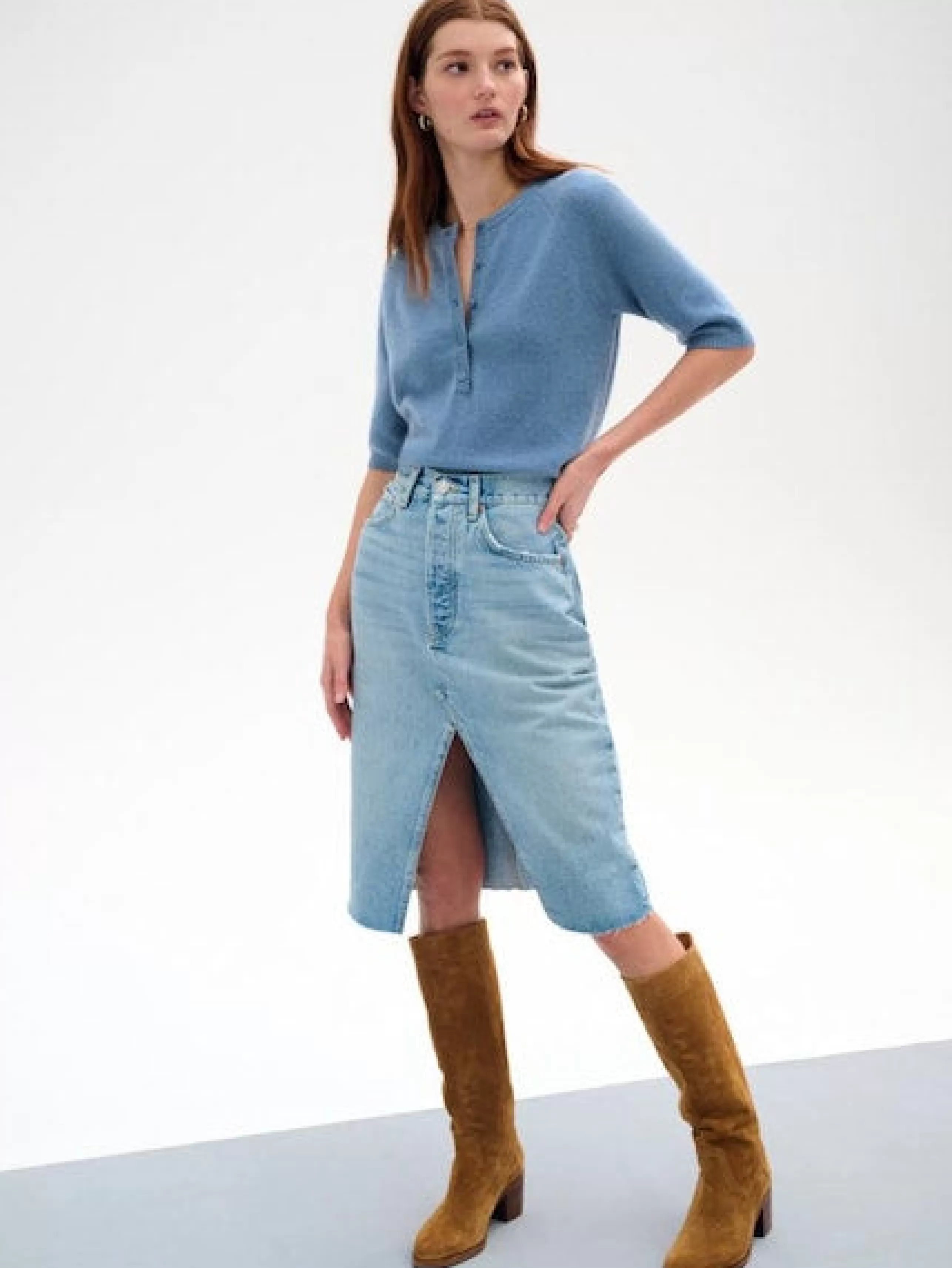 WHITE AND WARREN Tops^Cashmere Henley Sweater In Blue Thistle
