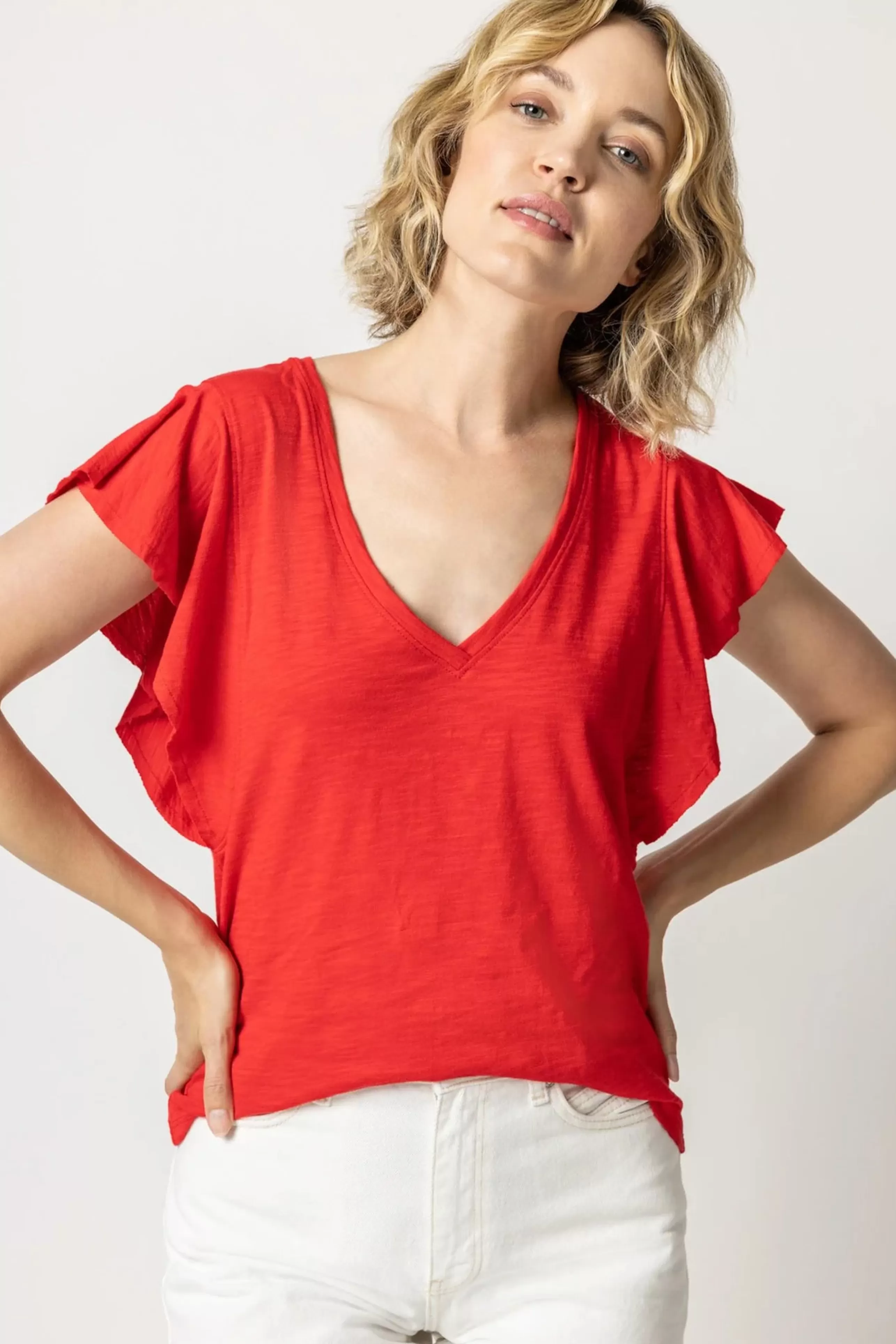 LILLA P Tops^Flutter Sleeve V Neck Tee In Tomato *Final Sale*