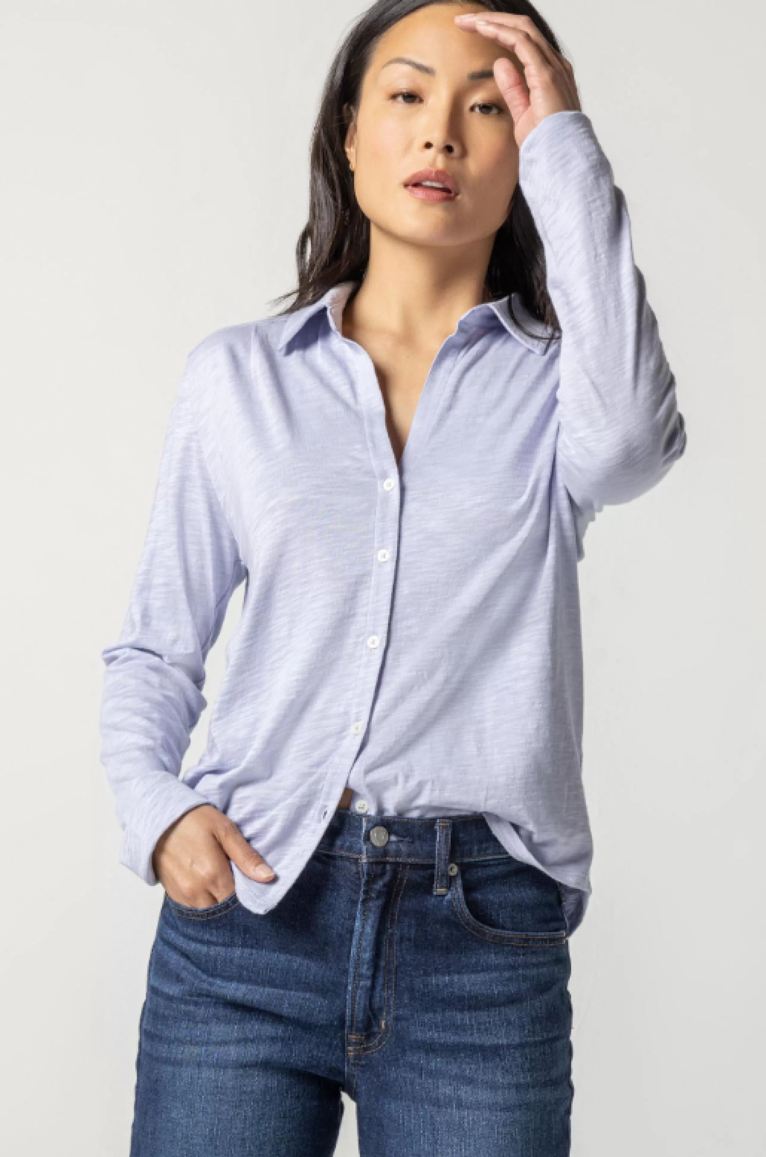 LILLA P Tops^Long Sleeve Button Down Tee In Glacier