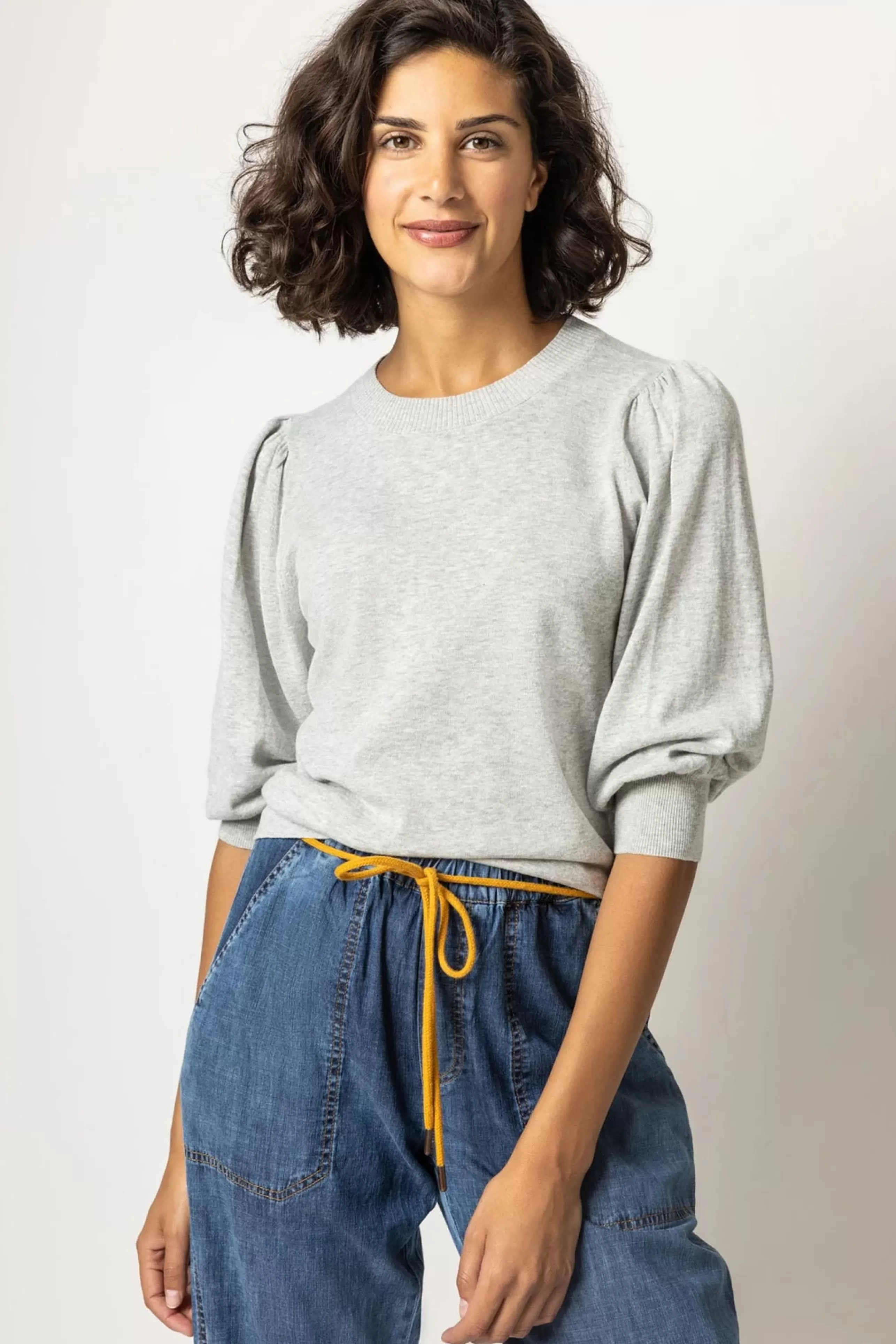 LILLA P Tops^Puff Sleeve Crew Neck Sweater In Grey
