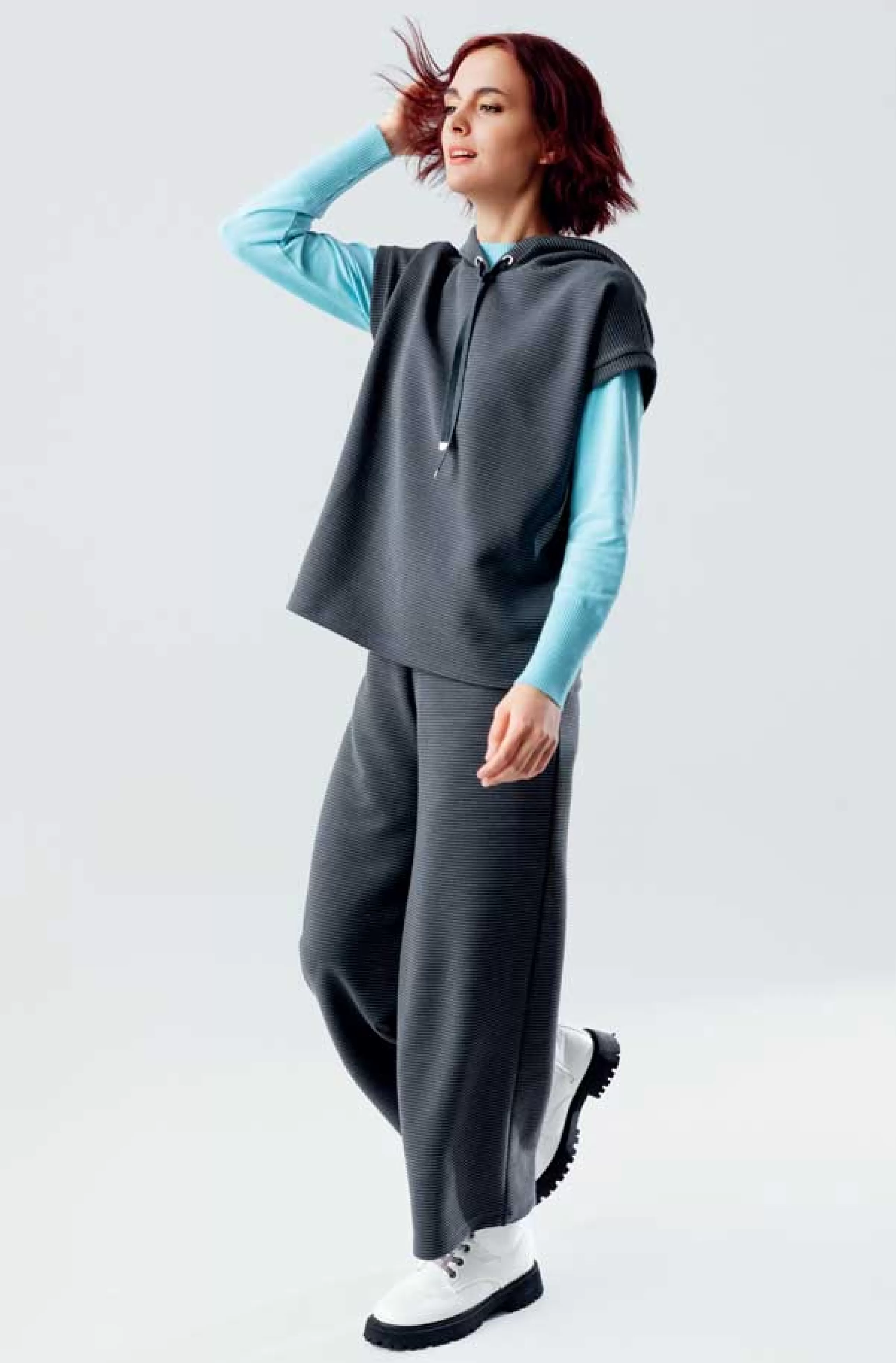 Kris Fashion Athelisure^Ribbed Hooded Top In Charcoal